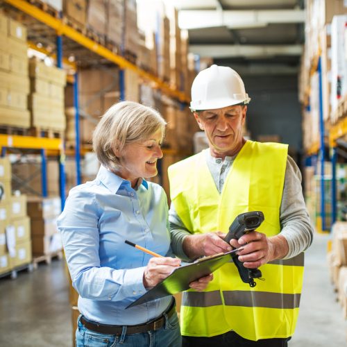 Senior woman manager and a man worker with barcode scanner working together in a warehouse.