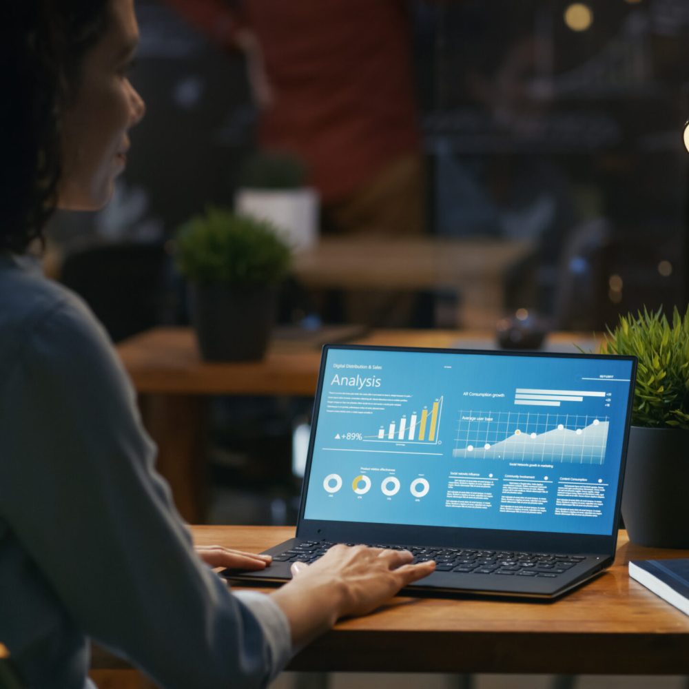 Female,Analyst,At,Her,Desk,Works,On,A,Laptop,Showing